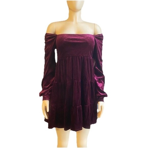 Altar’d State Long Sleeve Off Shoulder Burgundy Wine Stretch Velvet Dress Medium - Picture 1 of 14